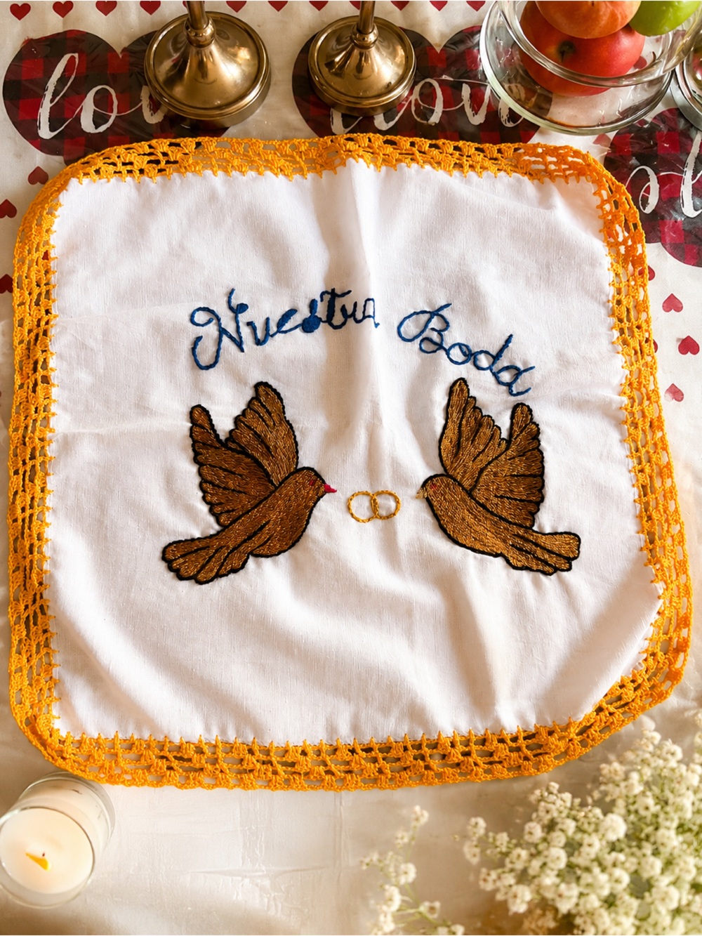 Hand-Embroidered White Wedding Cloth with Gold Wings